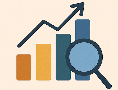 Illustration of bar chart with upward arrow and magnifying glass