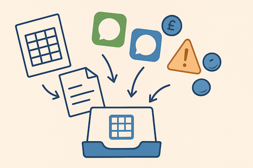 Illustration of messages, calendars and paperwork flowing into one organised tray