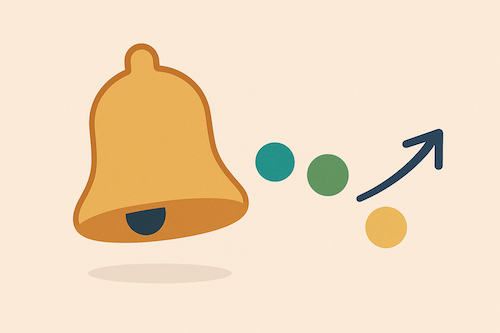 Notification bell and growth arrow representing automated reminders and momentum