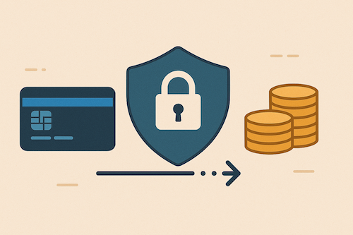 Illustration of secure payments with card, shield and coins